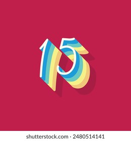 Dígito o número 15, Dígito de sombra 3D, Tipografía diseño mínimo.

