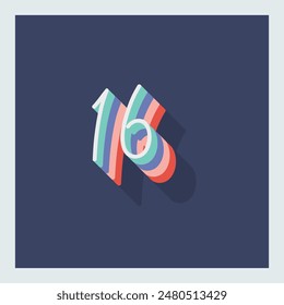 Dígito o número 16, sombra 3D Dígito, tipografía diseño mínimo.