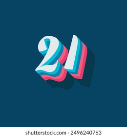 Digit or number 21, 3D  shadow Digit, Typography minimal design.