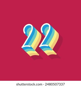 Dígito o número 22, Dígito de sombra 3D, Tipografía diseño mínimo.