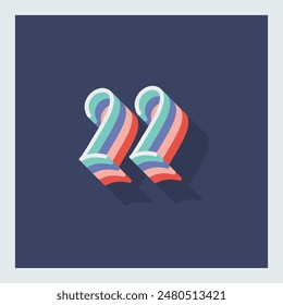 Dígito o número 22, Dígito de sombra 3D, Tipografía diseño mínimo.