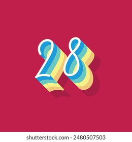Dígito o número 28, sombra 3D Dígito, tipografía diseño mínimo.