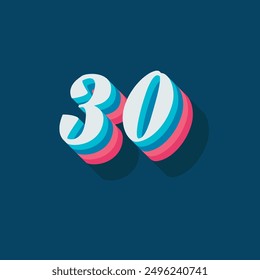 Dígito o número 30, dígito de sombra 3D, tipografía diseño mínimo.