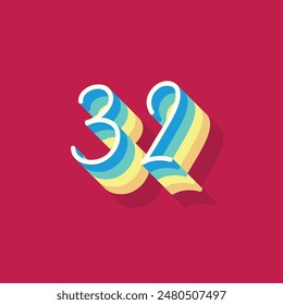 Dígito o número 32, sombra 3D Dígito, tipografía diseño mínimo.