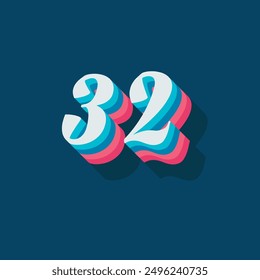 Digit or number 32, 3D  shadow Digit, Typography minimal design.