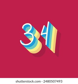 Digit or number 34, 3D  shadow Digit, Typography minimal design.