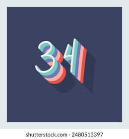 Dígito o número 34, 3D sombra Dígito, Tipografía diseño mínimo.