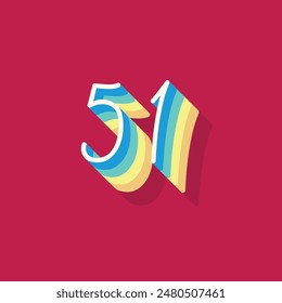 Dígito o número 51, Dígito de sombra 3D, Tipografía diseño mínimo.