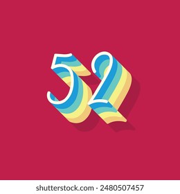 Digit or number 52, 3D  shadow Digit, Typography minimal design.