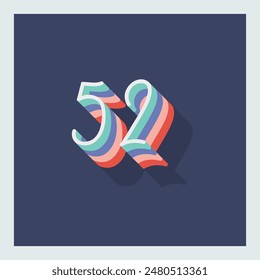 Dígito o número 52, Dígito de sombra 3D, Tipografía diseño mínimo.