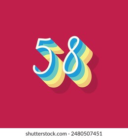 Dígito o número 58, Dígito de sombra 3D, Tipografía diseño mínimo.