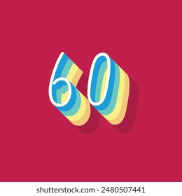Digit or number 60, 3D  shadow Digit, Typography minimal design.
