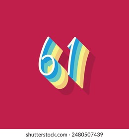 Dígito o número 61, Dígito de sombra 3D, Tipografía diseño mínimo.