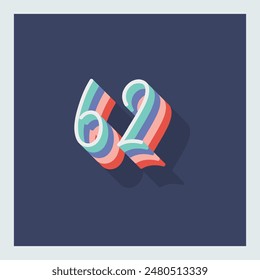 Digit or number 62, 3D  shadow Digit, Typography minimal design.