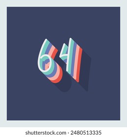 Dígito o número 64, Dígito de sombra 3D, Tipografía diseño mínimo.