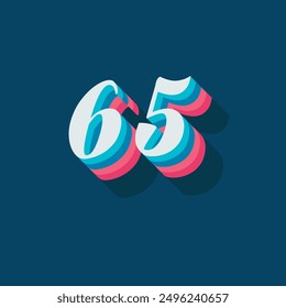 Digit or number 65, 3D  shadow Digit, Typography minimal design.