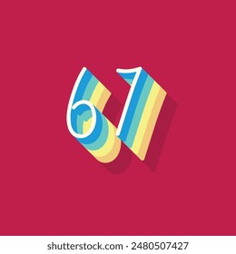 Digit or number 67, 3D  shadow Digit, Typography minimal design.