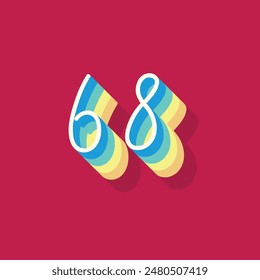 Dígito o número 68, 3D sombra Dígito, Tipografía diseño mínimo.