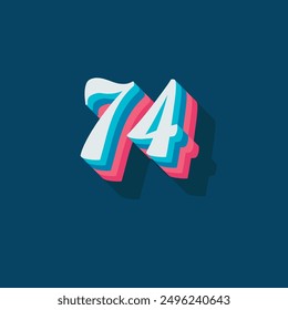 Digit or number 74, 3D  shadow Digit, Typography minimal design.