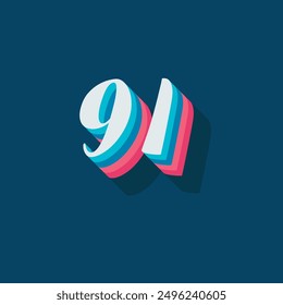 Dígito o número 91, dígito de sombra 3D, tipografía diseño mínimo.