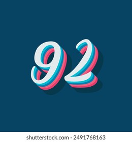 Dígito o número 92, sombra 3D Dígito, tipografía diseño mínimo.