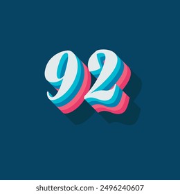 Dígito o número 92, dígito de sombra 3D, tipografía diseño mínimo.