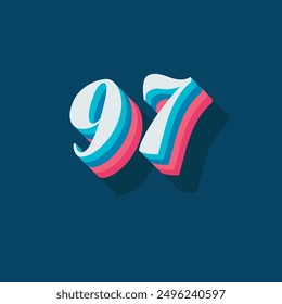 Digit or number 97, 3D  shadow Digit, Typography minimal design.