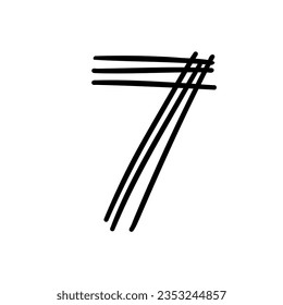 Digit number seven scribble font in doodle scribble brush hand drawn style isolated on white background. For lettering, presentation, education, logo, signboard, branding, abc, alphabet.