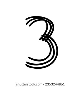 Digit number three scribble font in doodle scribble brush hand drawn style isolated on white background. For lettering, presentation, education, logo, signboard, branding, abc, alphabet.