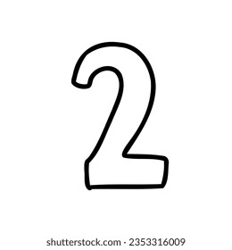 Digit number two cartoon outline in outline childlike style isolated on white background. For typography, font, lettering, logo, alphabet, signboard, education, branding, presentation.