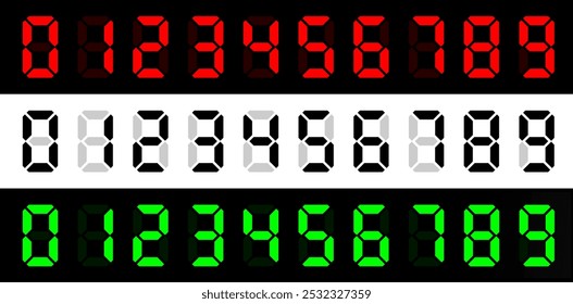 números de dígitos para dispositivos eletrônicos digitais (eps). números digitais vetoriais para temporizador, calculadora, monitor, aplicativo de alarme, software, contagem regressiva, cronômetro, relógio de parede, relógio digital etc vermelho verde e preto