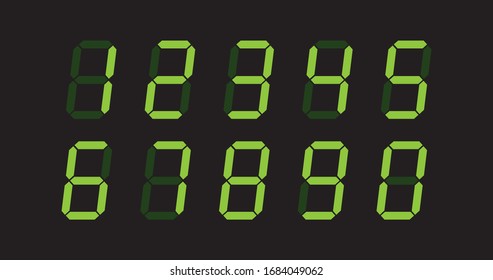 Digit Numbers, digital screen with green digits. digital clock or counter. Stock Vector illustration isolated on white background.