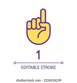 Digit one in ASL pixel perfect RGB color icon. Nonverbal communication. Gesture language. Isolated vector illustration. Simple filled line drawing. Editable stroke. Arial font used