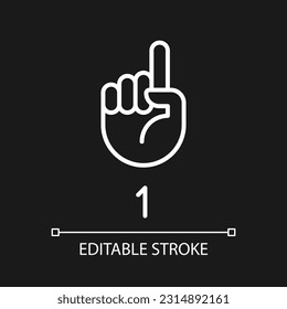 Digit one in ASL pixel perfect white linear icon for dark theme. Nonverbal communication. Gesture language. Thin line illustration. Isolated symbol for night mode. Editable stroke. Arial font used