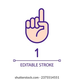 Digit one in ASL pixel perfect RGB color icon. Nonverbal communication. Gesture language. Isolated vector illustration. Simple filled line drawing. Editable stroke. Arial font used