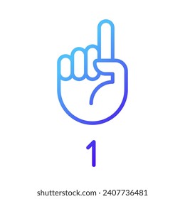 Dígito uno en icono de vector lineal de gradiente perfecto de píxel ASL. Comunicación no verbal. Idioma gesto. Símbolo de color de línea delgada. Pictograma de estilo moderno. Dibujo de contorno aislado del vector