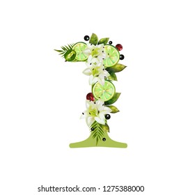 Digit One of realistic lime and flowers on a white background. The figure is decorated with lilies, palm leaves and cherries