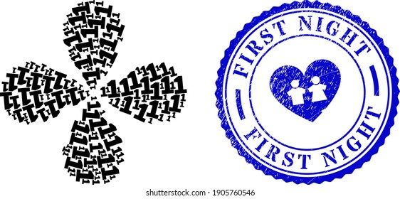 Digit one rotation flower cluster, and blue round FIRST NIGHT textured stamp with icon inside. Object cluster created from oriented digit one items. Vector flower collage in flat style.