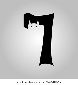 Digit seven with a cat, black on a black background