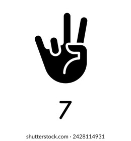 Digit seven sign in ASL black glyph icon. Number visual modality. Nonverbal communication and count system. Silhouette symbol on white space. Solid pictogram. Vector isolated illustration