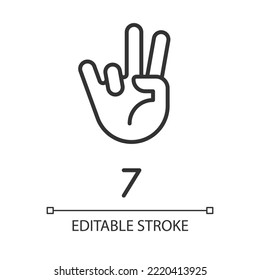 Digit Seven Sign In ASL Pixel Perfect Linear Icon. Number Visual Modality. Communication Way. Thin Line Illustration. Contour Symbol. Vector Outline Drawing. Editable Stroke. Arial Font Used