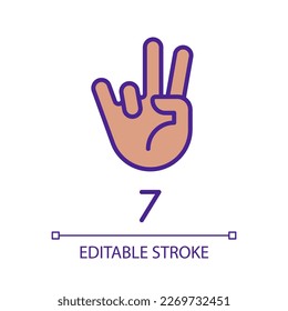 Digit seven sign in ASL pixel perfect RGB color icon. Number visual modality. Communication way. Isolated vector illustration. Simple filled line drawing. Editable stroke. Arial font used