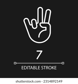 Digit seven sign in ASL pixel perfect white linear icon for dark theme. Number visual modality. Communication. Thin line illustration. Isolated symbol for night mode. Editable stroke. Arial font used