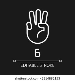 Digit six in American sign language pixel perfect white linear icon for dark theme. Visual modality for count. Thin line illustration. Isolated symbol for night mode. Editable stroke. Arial font used