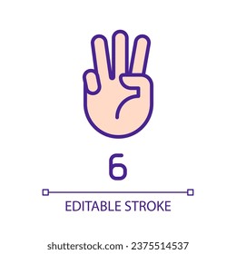 Digit six in American sign language pixel perfect RGB color icon. Visual modality for count. Isolated vector illustration. Simple filled line drawing. Editable stroke. Arial font used