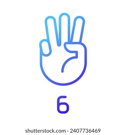 Digit six in American sign language pixel perfect gradient linear vector icon. Visual modality for count. Thin line color symbol. Modern style pictogram. Vector isolated outline drawing