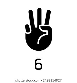 Digit six in American sign language black glyph icon. Visual modality for count. Nonverbal communication. Silhouette symbol on white space. Solid pictogram. Vector isolated illustration