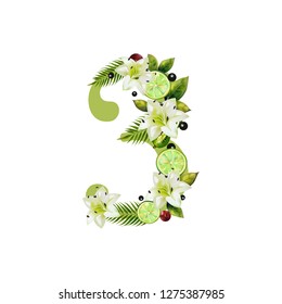 Digit Three of realistic lime and flowers on a white background. The figure is decorated with lilies, palm leaves and cherries
