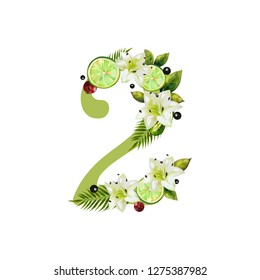 Digit Two of realistic lime and flowers on a white background. The figure is decorated with lilies, palm leaves and cherries