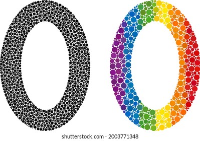 Digit zero collage icon of circle elements in different sizes and rainbow colored color hues. A dotted LGBT-colored digit zero for lesbians, gays, bisexuals, and transgenders.